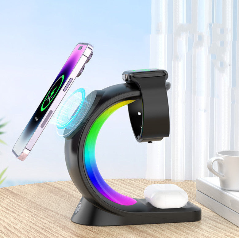 🔌 Chargeur Sans Fil Magnétique 4 en 1 – Station de Charge Rapide avec Lumière d’Ambiance RGB