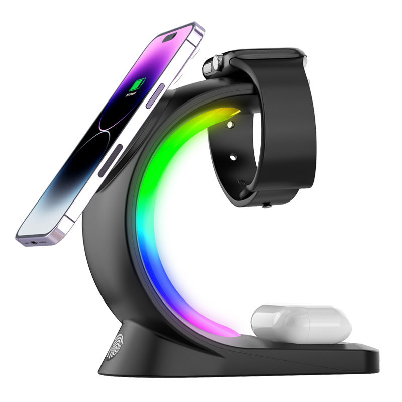 🔌 Chargeur Sans Fil Magnétique 4 en 1 – Station de Charge Rapide avec Lumière d’Ambiance RGB