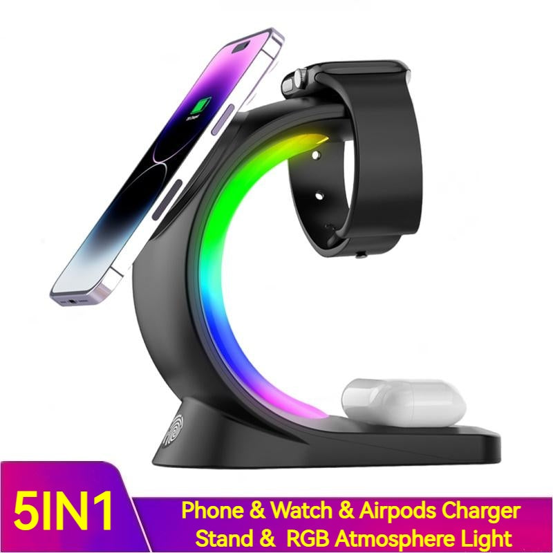 🔌 Chargeur Sans Fil Magnétique 4 en 1 – Station de Charge Rapide avec Lumière d’Ambiance RGB