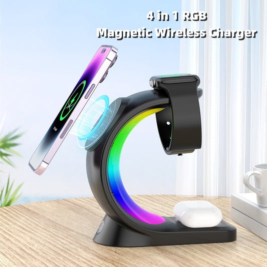 🔌 Chargeur Sans Fil Magnétique 4 en 1 – Station de Charge Rapide avec Lumière d’Ambiance RGB