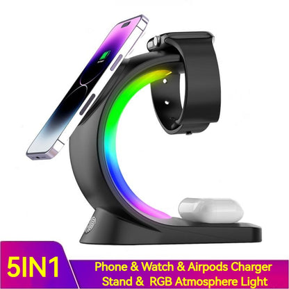 🔌 Chargeur Sans Fil Magnétique 4 en 1 – Station de Charge Rapide avec Lumière d’Ambiance RGB