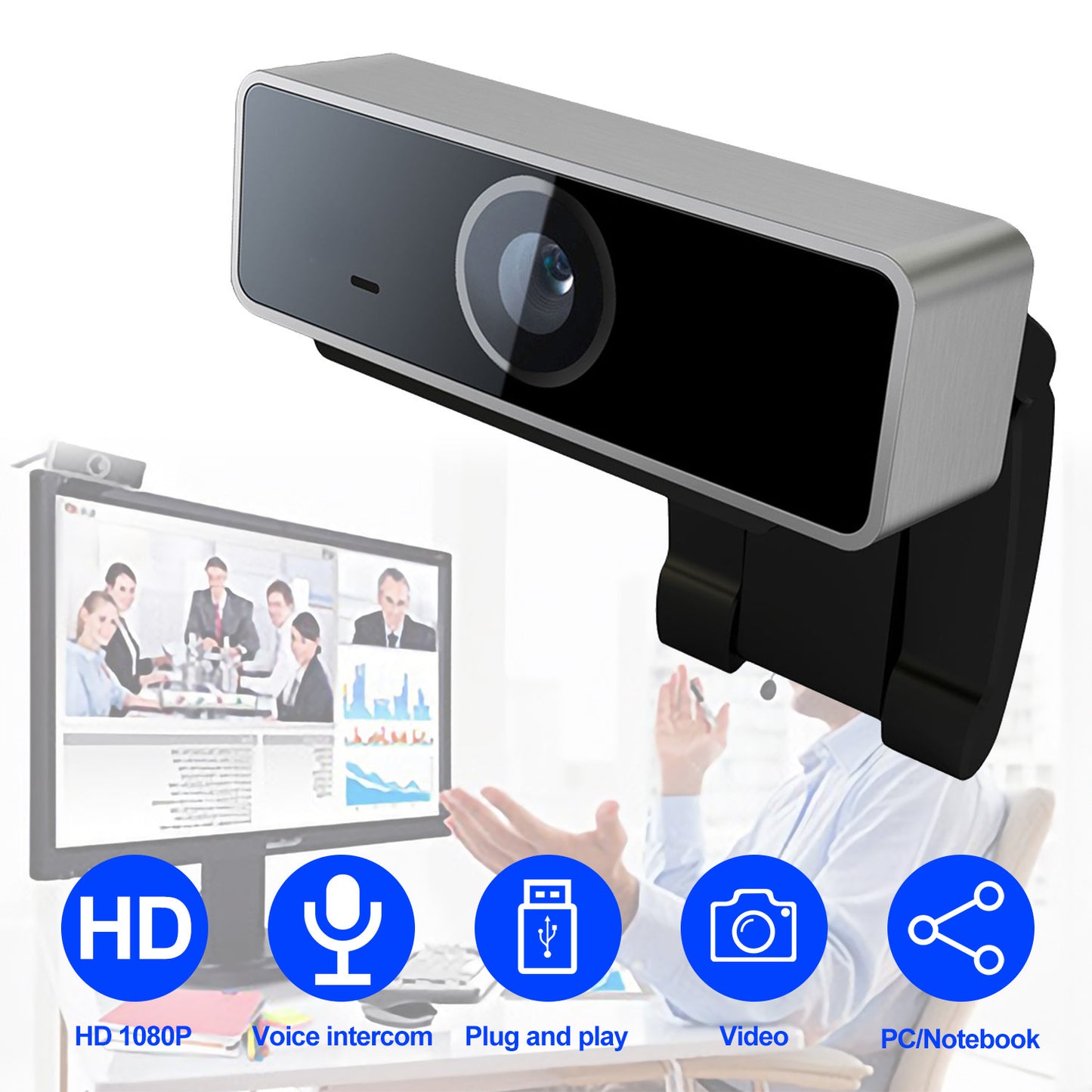 FHD 1080p USB Webcam – Auto-Focus with HD Microphone &amp; Rotating Clip (60°) | Streaming, Live &amp; Teleconferencing